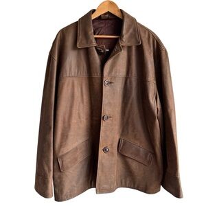 Vintage Oiled Leather Jacket Mens XL Chocolate Brown Button Front Coat Canadian